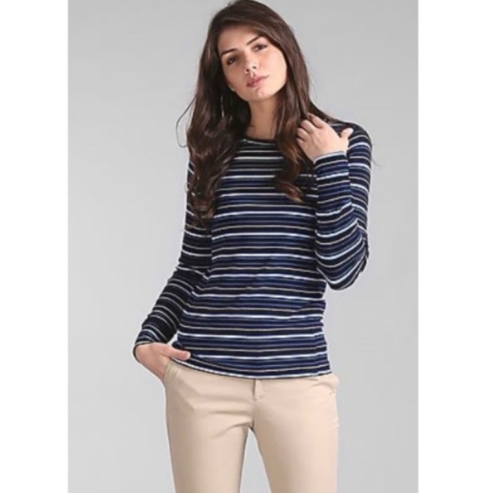 Gap Feather Tee Women XS Long Sleeves Crewneck T-shirt Navy Blue Striped Glitter